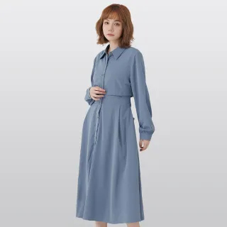 【betty’s 貝蒂思】風衣式壓褶腰帶翻領洋裝(淺藍色)