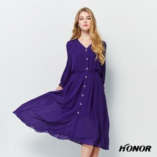 【HONOR 山形屋】開襟排釦泡泡蕾絲袖洋裝(MOMO獨家限定)