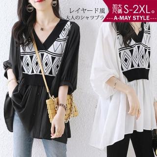 【艾美時尚】現貨 中大尺碼女裝 上衣 圖騰拼接寬鬆顯瘦雪紡衫。S-2XL(2色)