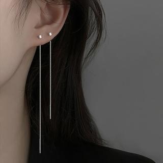 【Umi】個性潮流一字形方塊吊墜垂鏈吊飾流蘇造型耳環(歐美時尚潮流銀色女飾品)