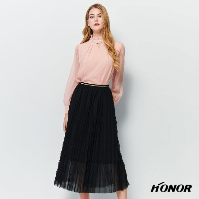 【HONOR 山形屋】多層次波浪壓紋抓皺網紗長裙-卡其/黑