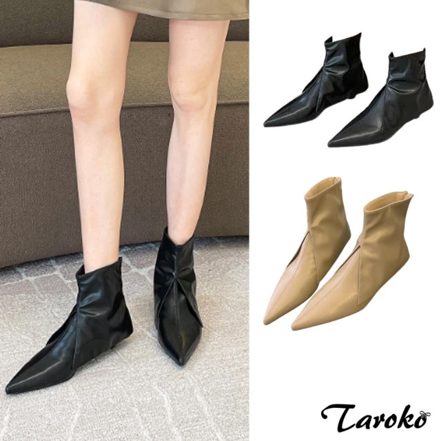 Taroko 復古牛仔布皺褶流蘇尖頭粗跟短筒靴(2色可選)好