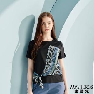 【MYSHEROS 蜜雪兒】純棉上衣 雪紡印花拼接綁帶 純色好搭配(黑)