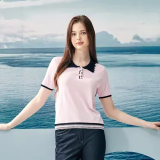 【MYSHEROS 蜜雪兒】針織上衣 花邊撞色翻領 珠鑽飾雙排釦 縮腰修身(粉)