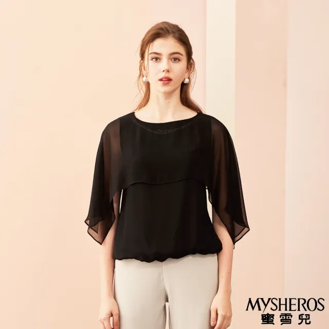 【MYSHEROS 蜜雪兒】圓領素色上衣 飄逸罩衫 鑽飾造型(黑)