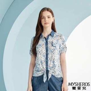 【MYSHEROS 蜜雪兒】襯衫上衣 立領排釦 典雅滿版花卉 下擺綁帶設計 牛仔拼接(淺藍)