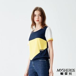 【MYSHEROS 蜜雪兒】圓領上衣 跳色拼接 微彈性 下擺縮口 小口袋裝飾(黃)