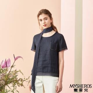 【MYSHEROS 蜜雪兒】亞麻上衣 附領巾 圓領 鑽飾邊條 紗質拼接 素色(丈青)