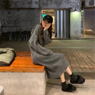【D.studio】韓版寬鬆長版針織連帽針織上衣(毛衣長袖上衣女裝衣服寬鬆上衣顯瘦上衣冬裝連衣裙 S162)