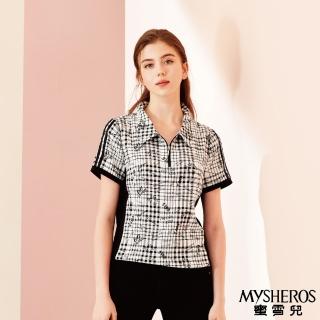 【MYSHEROS 蜜雪兒】翻領上衣 拉鍊翻領 英字格紋 背素面拼接 縮腰下擺(黑)