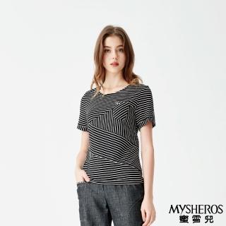 【MYSHEROS 蜜雪兒】棉質上衣 圓領 線條拼接 鑽飾小口袋 微彈性(黑)