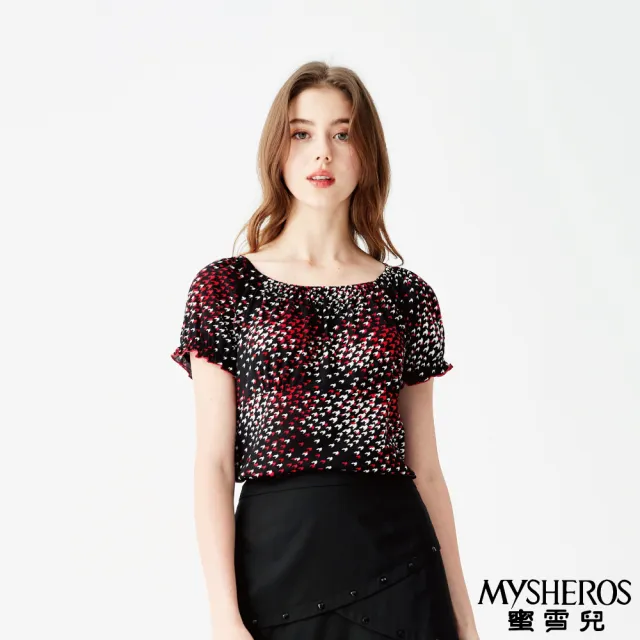 【MYSHEROS 蜜雪兒】純棉上衣 縮口荷葉袖 滿版印花(紅)
