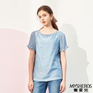 【MYSHEROS 蜜雪兒】天絲棉上衣 彈性百摺袖 造型蕾絲領 小繡花(淺藍)