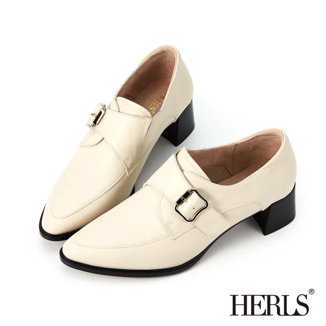 HERLS 孟克鞋-全真皮單釦尖頭粗跟孟克鞋(米白色)
