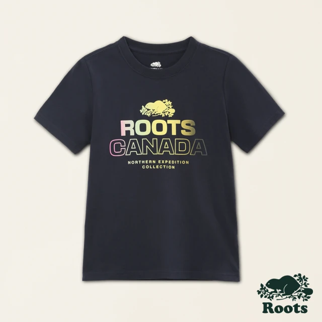 RootsRoots Roots大童-城市旅者系列 漸層文字LOGO純棉短袖T恤(軍藍色)