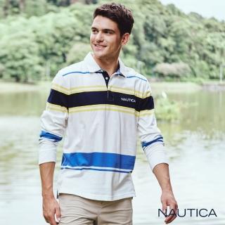 【NAUTICA】男裝 休閒百搭條紋長袖POLO衫(白)