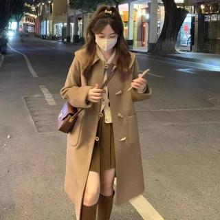 【D.studio】韓版小個子卡其牛角扣長版外套(大衣風衣上衣女裝衣服外套長袖上衣長版外套毛衣J263)