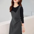 【MsMore】時尚撞色拼接設計感長袖顯瘦連身裙中長版洋裝#119402(灰)