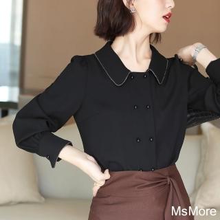 【MsMore】高顏知性優雅鏈珠翻領雙排扣黑色長袖襯衫短版上衣#118763(黑)