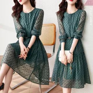 【艾美時尚】中大尺碼女裝 連身裙 法式波點小花顯瘦連身洋裝。S-2XL(綠.現貨+預購)