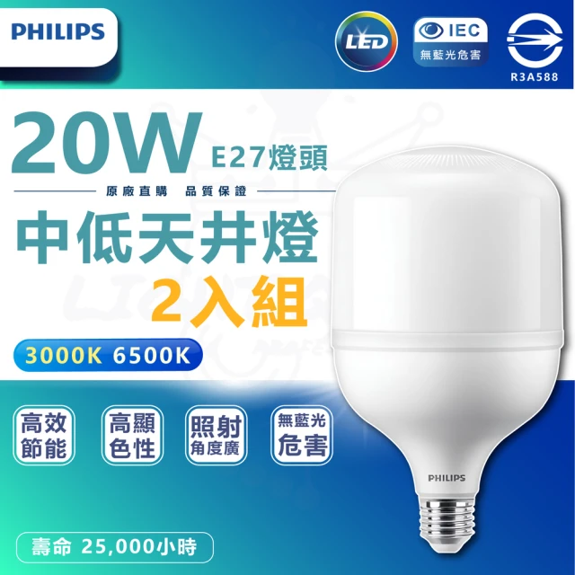 【Philips 飛利浦照明】2入組 20W LED中低天井燈泡(白光/黃光 E27燈頭 全電壓)