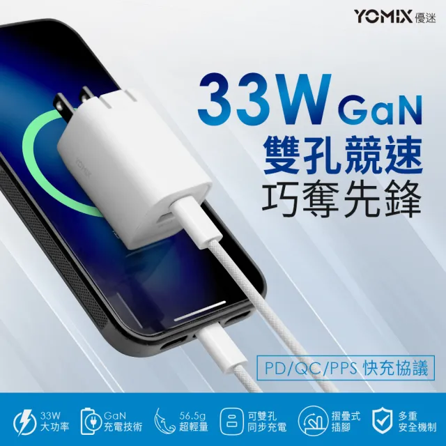 二合一60W快充線組【YOMIX 優迷】33W GaN氮化鎵雙孔快充折疊充電器 (支援iPhone 15快充)