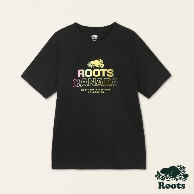 【Roots】Roots男裝-城市旅者系列 漸層文字LOGO有機棉短袖T恤(黑色)