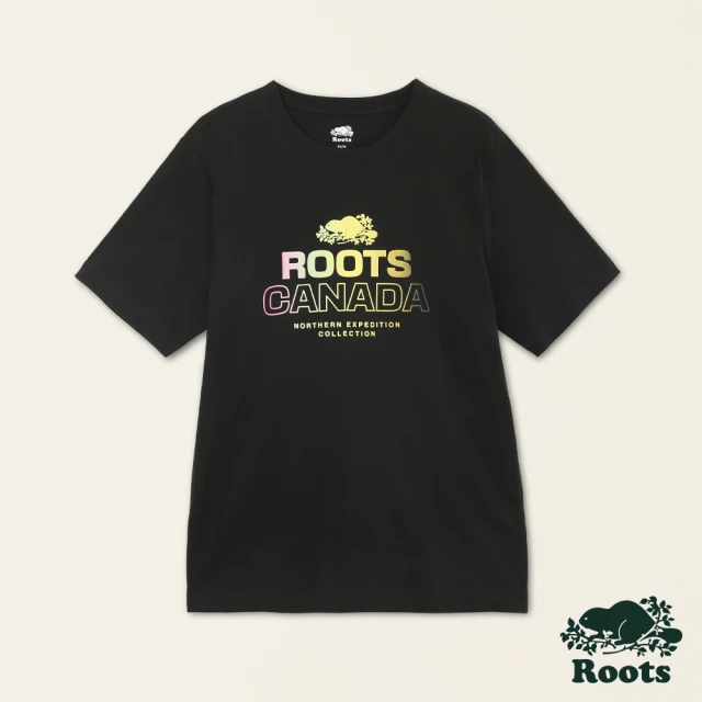 Roots Roots男裝-城市旅者系列 漸層文字LOGO有機棉短袖T恤(黑色)