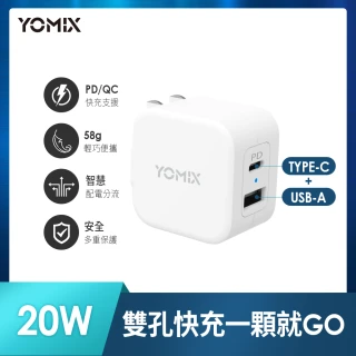【YOMIX 優迷】USB-C PD QC3.0 20W 雙孔急速快充可摺疊充電器(支援iphone15快充/充電頭/豆腐頭)