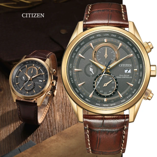 【CITIZEN 星辰】GENTS 光動能 碼錶計時 電波對時腕錶-金色43mm(AT8263-10H 防水100米)