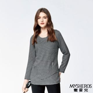 【MYSHEROS 蜜雪兒】人棉舒適上衣 橫條紋單口袋 飾品裝飾貓咪圖案(灰)