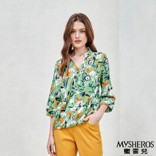 【MYSHEROS 蜜雪兒】雪紡上衣 小V立領 滿版印花 寬袖設計(綠)