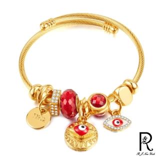 【RJ New York】惡魔紅眼吊墜絲圈鈦鋼可調式開口手環(金色)