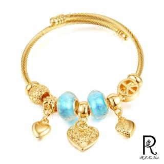 【RJ New York】藍晶愛心吊墜絲圈鈦鋼可調式開口手環(金色)