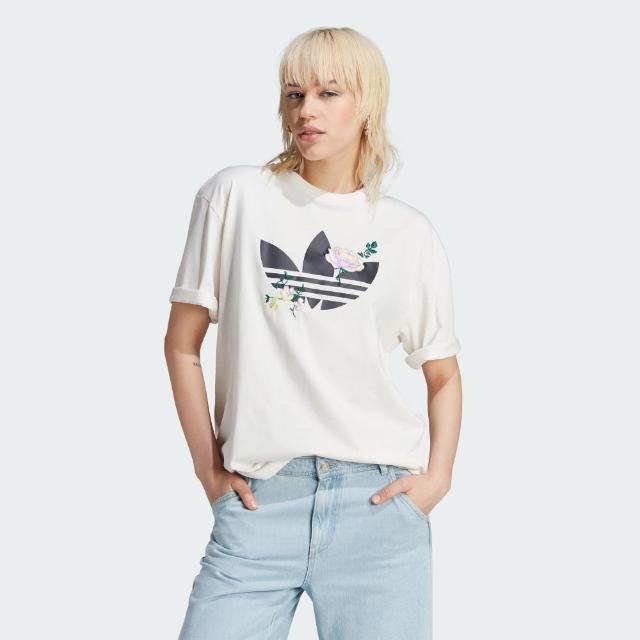 【adidas 愛迪達】上衣 女款 短袖上衣 運動 三葉草 亞規 FLOWER TEE 白 IJ6012