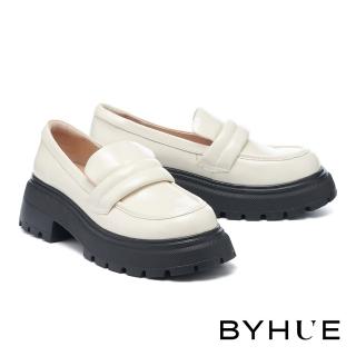 【BYHUE】簡約質感澎澎寬帶牛油皮軟芯樂福厚底鞋(米白)