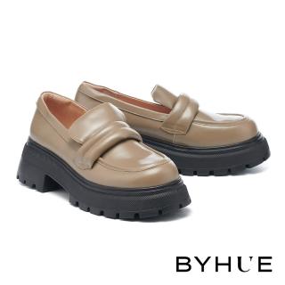 【BYHUE】簡約質感澎澎寬帶牛油皮軟芯樂福厚底鞋(綠)