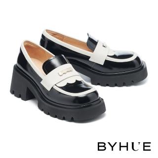 【BYHUE】質感系撞色拼接牛皮軟芯樂福大方頭厚底鞋(黑)