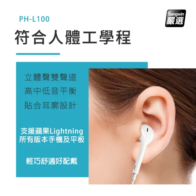 【Songwin】蘋果 Lightning HiFi立體聲 線控耳麥可通話有線耳機(PH-L100)