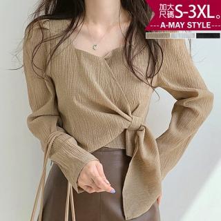 【艾美時尚】中大尺碼女裝 上衣 設計感繫帶顯瘦長袖女上衣。S-3XL(3色.預購)