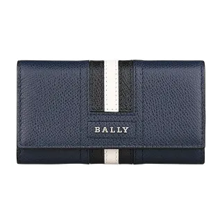 【BALLY】BALLY TALTOS立體銀字LOGO黑白條紋設計防刮牛皮4鉤釦式三折鑰匙包(深藍x黑白條紋)