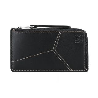 【LOEWE 羅威】Puzzle壓印字母LOGO縫線設計光滑小牛皮拉鍊卡片零錢夾(黑)