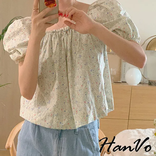 【HanVo】現貨 夏日輕甜碎花泡泡袖上衣(甜美氣質一字領上衣 韓系女裝 女生衣著 A01-0100)