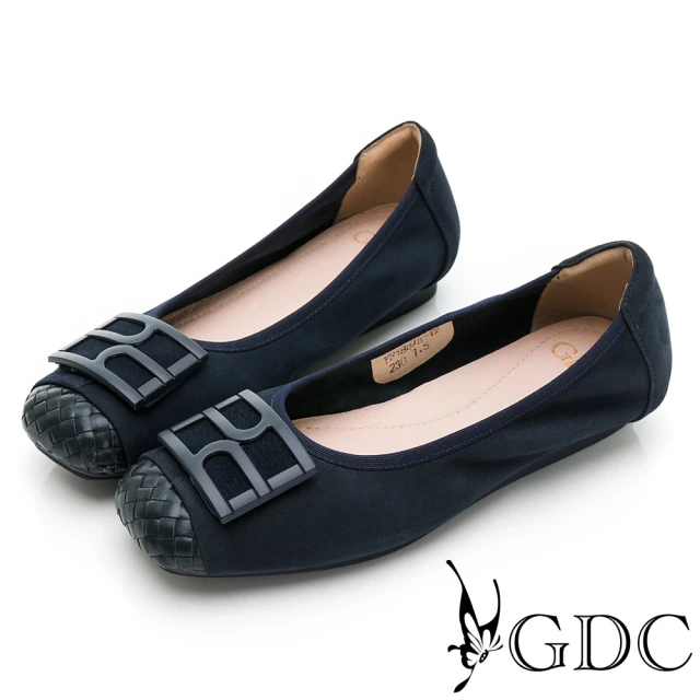 GDC 氣質風蝴蝶結飾釦真皮圓頭平底包鞋-淺藍色(22449