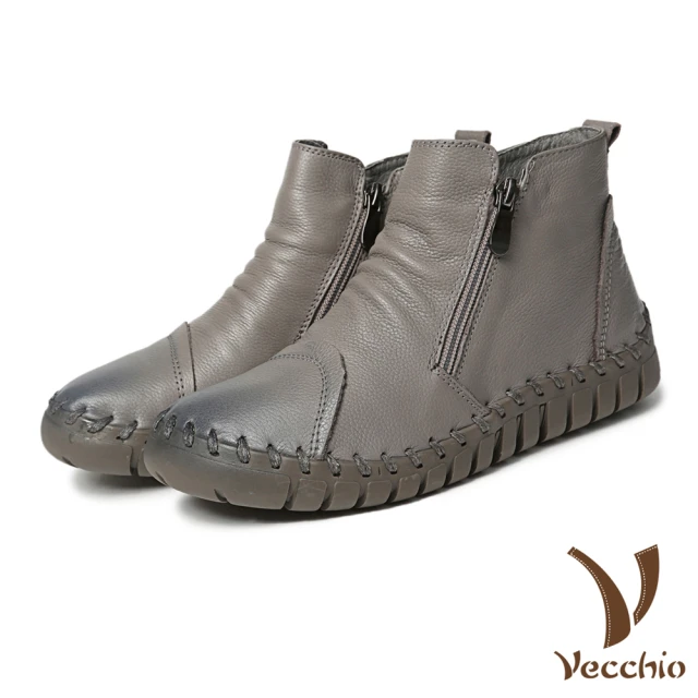 VecchioVecchio 真皮短靴/頭層真皮手工縫線經典款側拉鍊休閒短靴(灰)