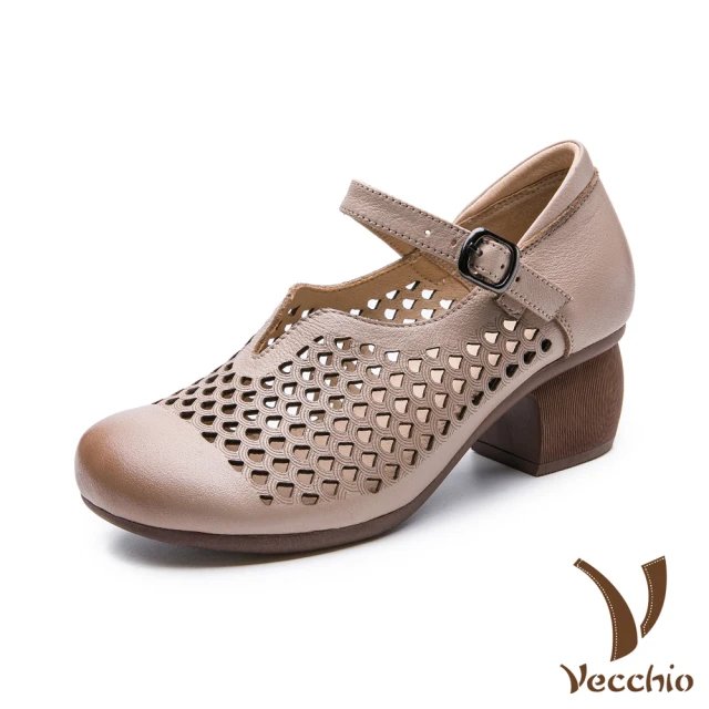 VecchioVecchio 真皮跟鞋 粗跟跟鞋/全真皮頭層牛皮扇形縷空寬楦舒適V口粗跟娃娃鞋(米)