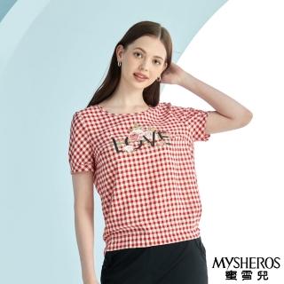 【MYSHEROS 蜜雪兒】造型上衣 字母亮鑽裝飾 玫瑰印花 滿版格紋(紅)
