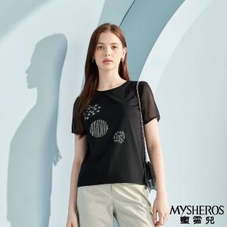 【MYSHEROS 蜜雪兒】高含棉上衣 亮鑽珠飾 透膚拼接袖 素色好搭(黑)