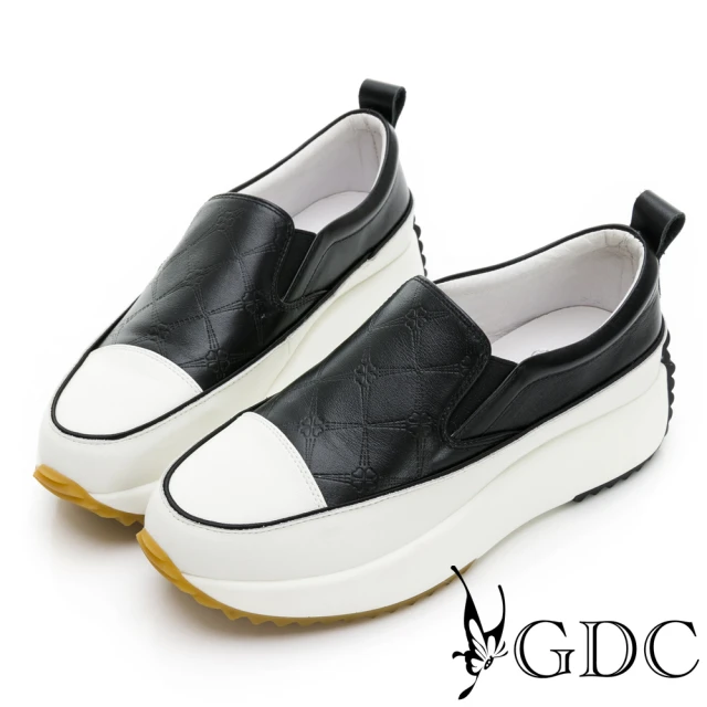 GDC 真皮幾何格紋撞色舒適厚底休閒懶人鞋-黑色(310462-00)