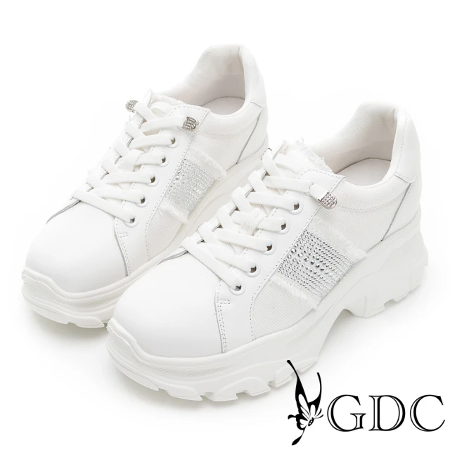 GDC 真皮水鑽拼接單寧風厚底免綁帶休閒鞋-白色(316172-11)